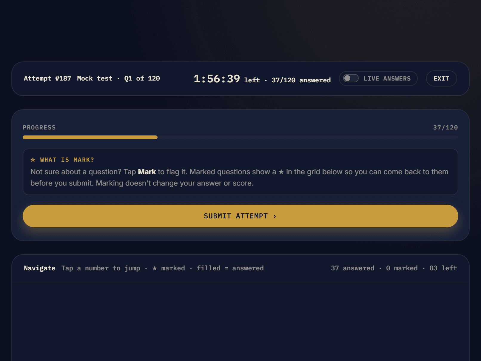 A ParhaiKrlo FAST mock in progress: 120 questions, 1 hour 56 minutes left, 37 answered, with a Live answers switch and a note on marking questions to return to