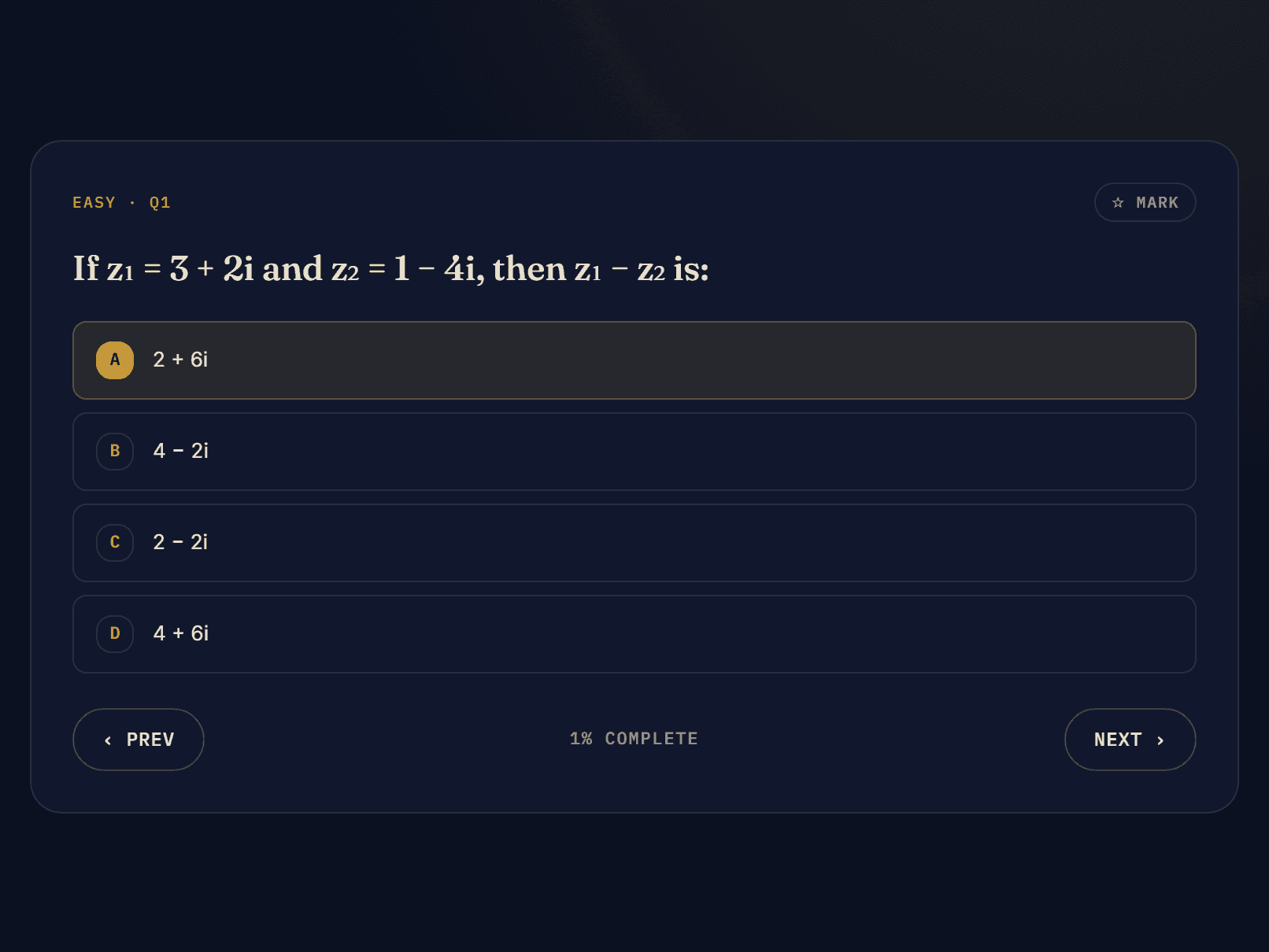 A ParhaiKrlo FAST-pattern practice question: if z1 = 3 + 2i and z2 = 1 - 4i, find z1 - z2, with option A, 2 + 6i, selected