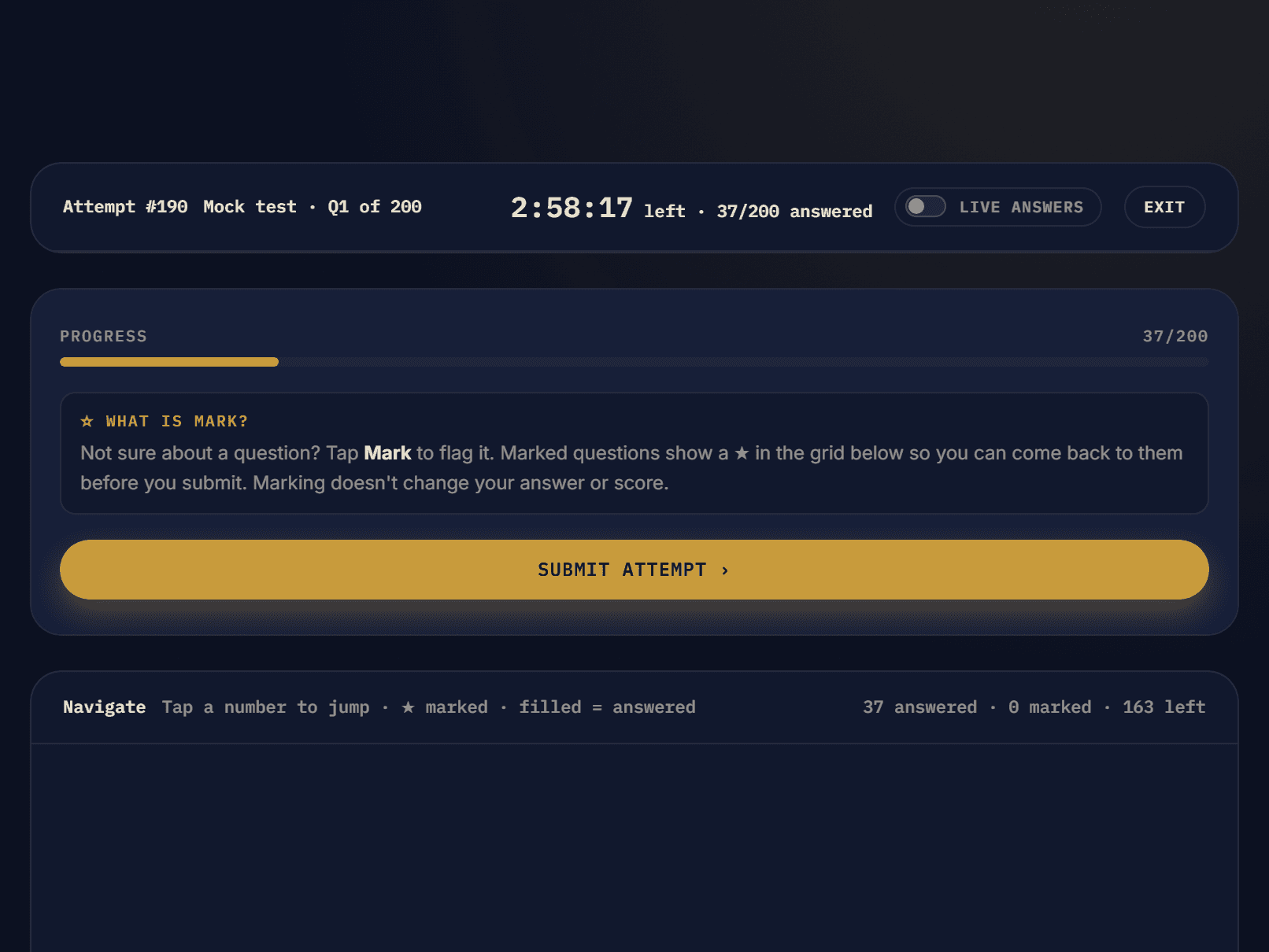 A ParhaiKrlo NUST NET mock in progress: 200 questions, 2 hours 58 minutes left, 37 answered, with a Live answers switch and a note on marking questions to return to